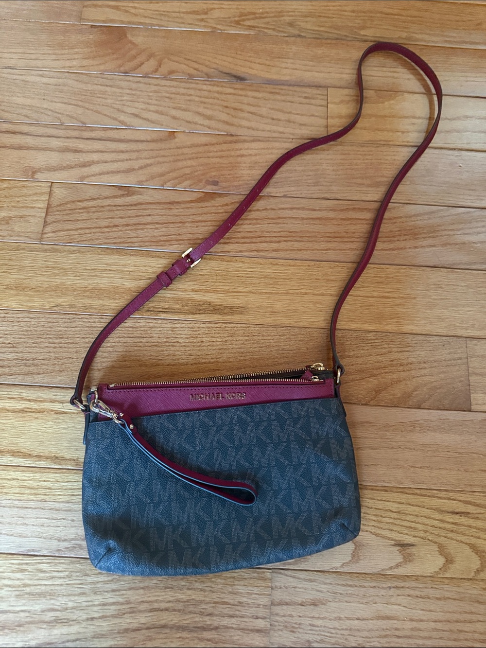 Michael Kors Brown Monogram Crossbody with Burgundy Trim
